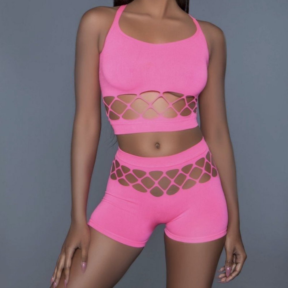 2 pc silk fishnet set that includes a tank crop top with criss-cross cami straps